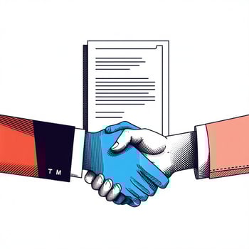 A minimal vector sketch of two abstract business figures shaking hands one holding a document with a trademark symbol  Use brand accent colors 147fcb 00b2eb and f4d1f1 on a white background-1