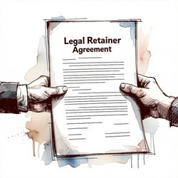 Inkstyle drawing of two handsone passing a document to the other titled Legal Retainer Agreement White space around Accents in 147fcb document edge and f4d1f1 light background wash