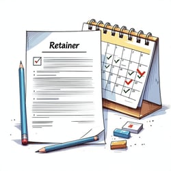 Minimal pencil sketch of a legal contract beside a calendar with checkmarks The document title reads Retainer Accent highlights on the calendar and header in 147fcb and 00b2eb Clean lines white background-1
