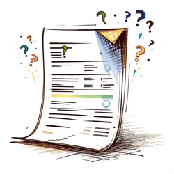 Sketchstyle open invoice with scattered question marks and arrows pointing in random directions One broken dollar icon in the corner Use 147fcb for outlines 00b2eb for symbols and f4d1f1 under the invoice as a soft shade White background