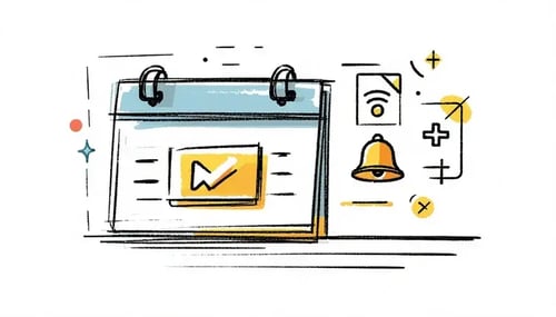 Alarm or calendar notification in sketch form with icons like calendar bell and sync arrows Muted colors and subtle 147fcb  ff6600 touches on a white background-1