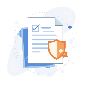Flat abstract illustration of a document with checkmarks and shield icons overlaying a globe, representing Standard Contractual Clauses compliance. White background, 147fcb, 00b2eb, a4e5f4, accent ff6 (1)