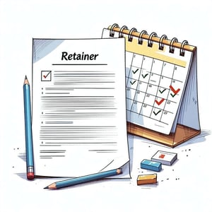 Minimal pencil sketch of a legal contract beside a calendar with checkmarks The document title reads Retainer Accent highlights on the calendar and header in 147fcb and 00b2eb Clean lines white background