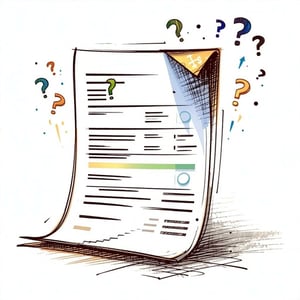 Sketchstyle open invoice with scattered question marks and arrows pointing in random directions One broken dollar icon in the corner Use 147fcb for outlines 00b2eb for symbols and f4d1f1 under the invoice