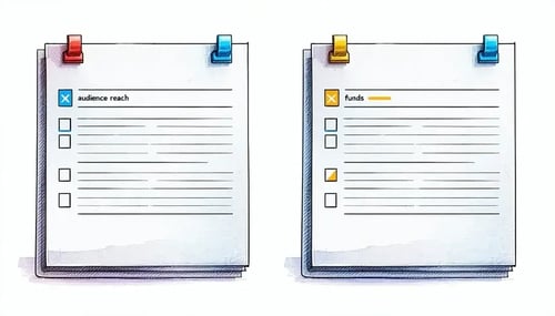 Two horizontal index cards placed sidebyside each labeled visually with brandcolored icons  audience reach  funds  tools Icons only no text Use 00b2eb for Brand A ff6600 for Brand B Thin sketchy outlines whit
