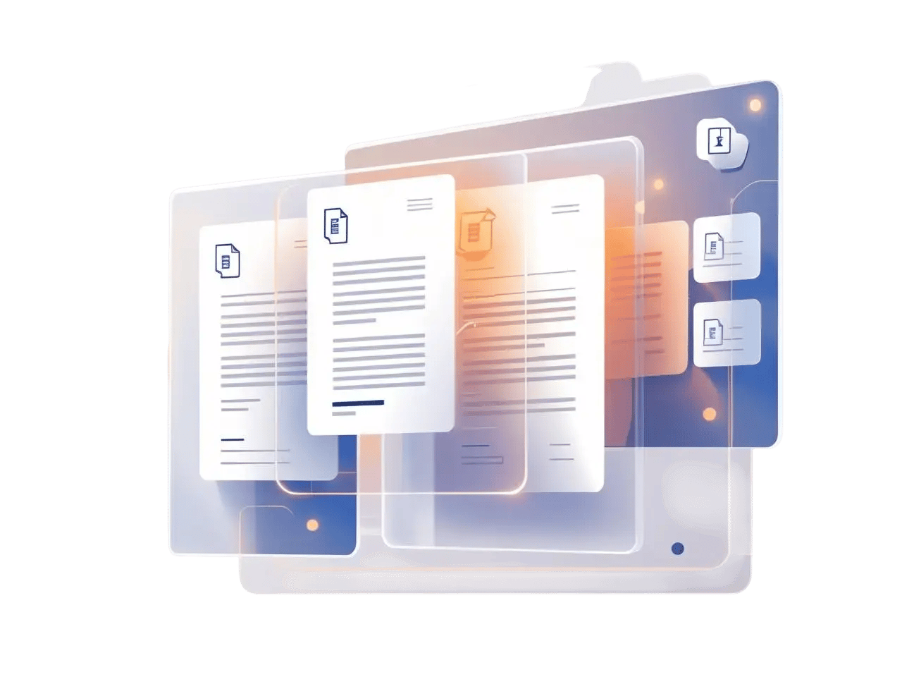 _Minimal modern vector illustration of transparent overlapping digital interface panels containing contract documents, connected by faint glowing light trails in 147fcb, ff6600, 00b2eb, and bff0fa, wit (4 _Minimal modern vector illustration of transparent overlapping digital interface panels containing contract documents, connected by faint glowing light trails in 147fcb, ff6600, 00b2eb, and bff0fa, wit (4