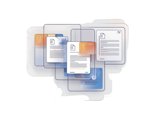 _Minimal modern vector illustration of transparent overlapping digital interface panels containing contract documents, connected by faint glowing light trails in 147fcb, ff6600, 00b2eb, and bff0fa, wi _Minimal modern vector illustration of transparent overlapping digital interface panels containing contract documents, connected by faint glowing light trails in 147fcb, ff6600, 00b2eb, and bff0fa, wi